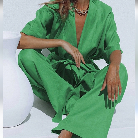 CoMMENSE Oversized Green Linen Blend 2 Pc Pants Set Women's Sz S, Coastal NWT - Picture 2 of 14
